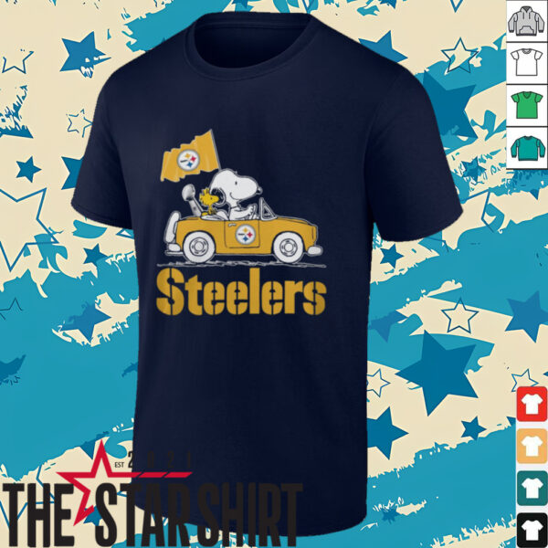 Peanuts Snoopy Merch Peanuts Snoopy And Woodstock Pittsburgh Steelers On Car T Shirt