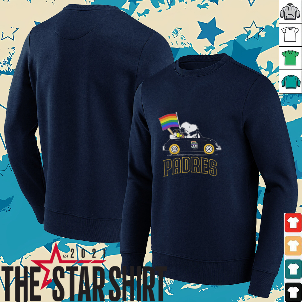 San Diego Padres Snoopy And Woodstock Driving Car Pride Flag Shirt San Diego Padres Snoopy And Woodstock Driving Car Pride Flag Shirt