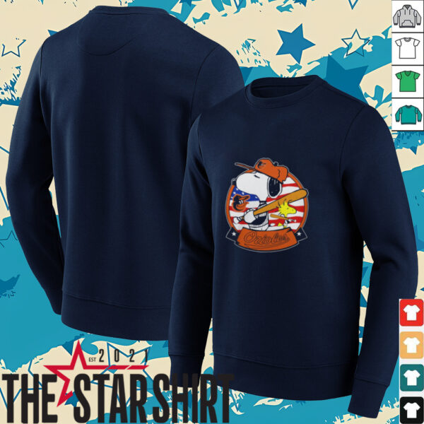 Snoopy And Woodstock Baltimore Orioles Baseball Player American Flag T Shirt