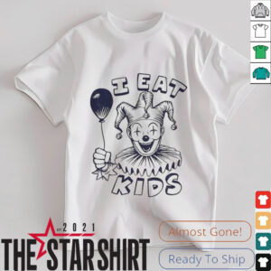 Laughing Jester Clown holding balloon I eat kids shirt