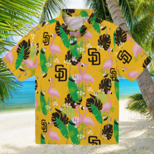 San Diego Padres Button Down Hawaiian Shirt Green Brown Flamingo Aloha Style