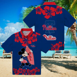 Philadelphia Phillies Mickey Surfing Blue Hawaiian Shirt   MLB Beach Shirt for Fans