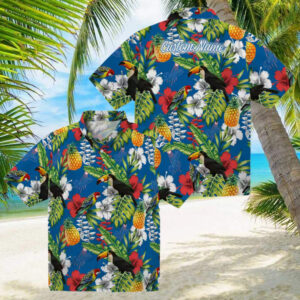 Dodgers Toucan Floral Hawaiian Shirt Blue Green Aloha Summer Baseball Tee
