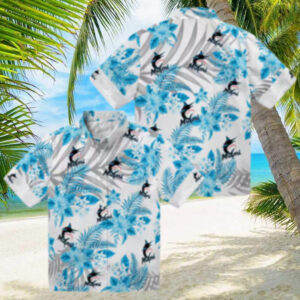 Men’s Miami Marlins Blue White Floral Beach Shirt   Hibiscus Palm Summer Fan Favorite