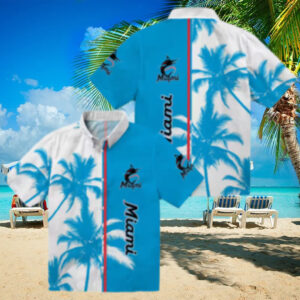 Miami Marlins Blue White Hawaiian Shirt   Tropical Palm Trees Aloha Shirt for Baseball Fans