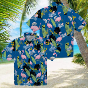 MLB Dodgers Men’s Hawaiian Shirt   Blue Tropical Flamingo Leaf Button Up