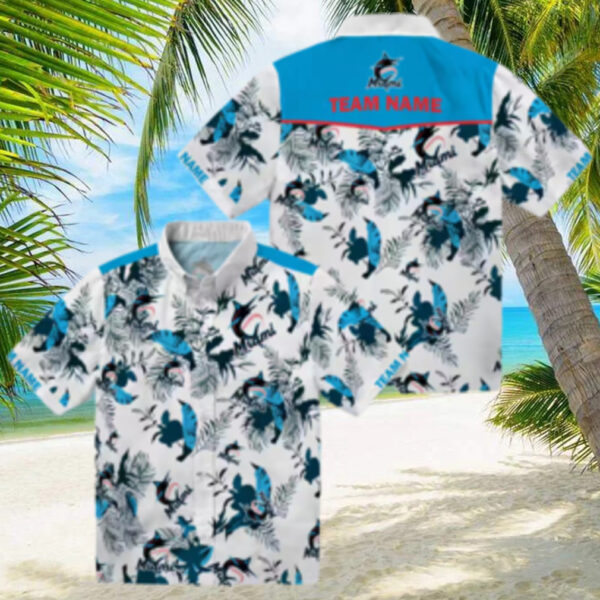 Botanical Miami Marlins Hawaiian Shirt   Blue White MLB Summer Outfit