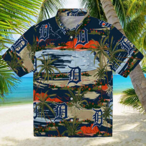 Detroit Tigers Palm Horizon Navy Hawaiian Shirt