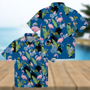 MLB Dodgers Men's Hawaiian Shirt Blue Tropical Flamingo Leaf Button Up