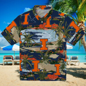 Illinois Fighting Illini Palm Horizon Blue Hawaiian Shirt