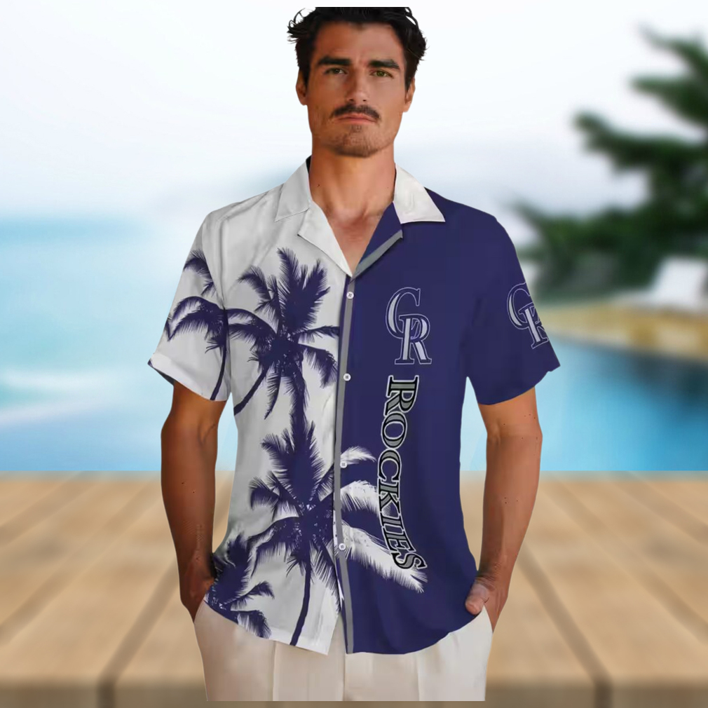 Colorado Rockies Summer Hawaiian Shirt Blue & White Tropical Palm Trees MLB Fan Gear Colorado Rockies Summer Hawaiian Shirt Blue & White Tropical Palm Trees MLB Fan Gear