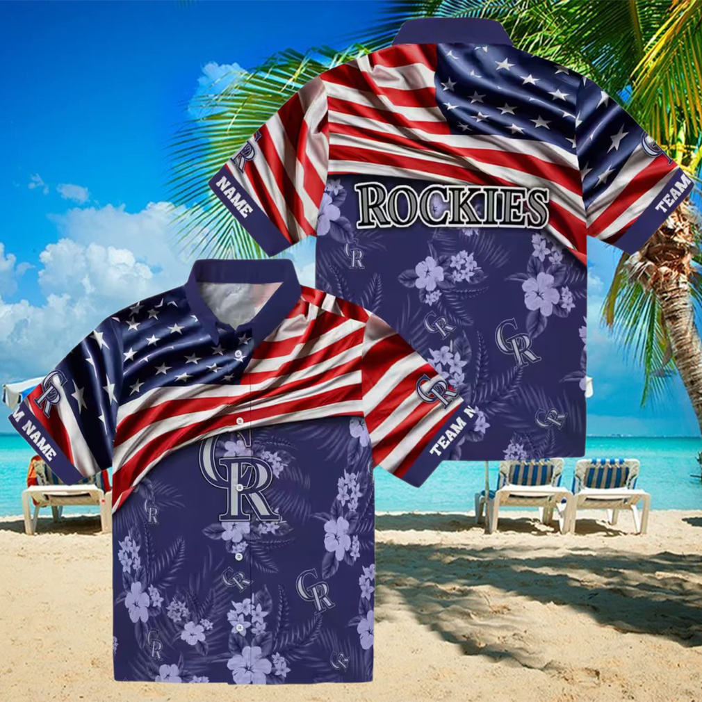 Custom Colorado Rockies US Flag Hawaiian Shirt Hibiscus Blue Beach Shirt for MLB Fans Custom Colorado Rockies US Flag Hawaiian Shirt Hibiscus Blue Beach Shirt for MLB Fans
