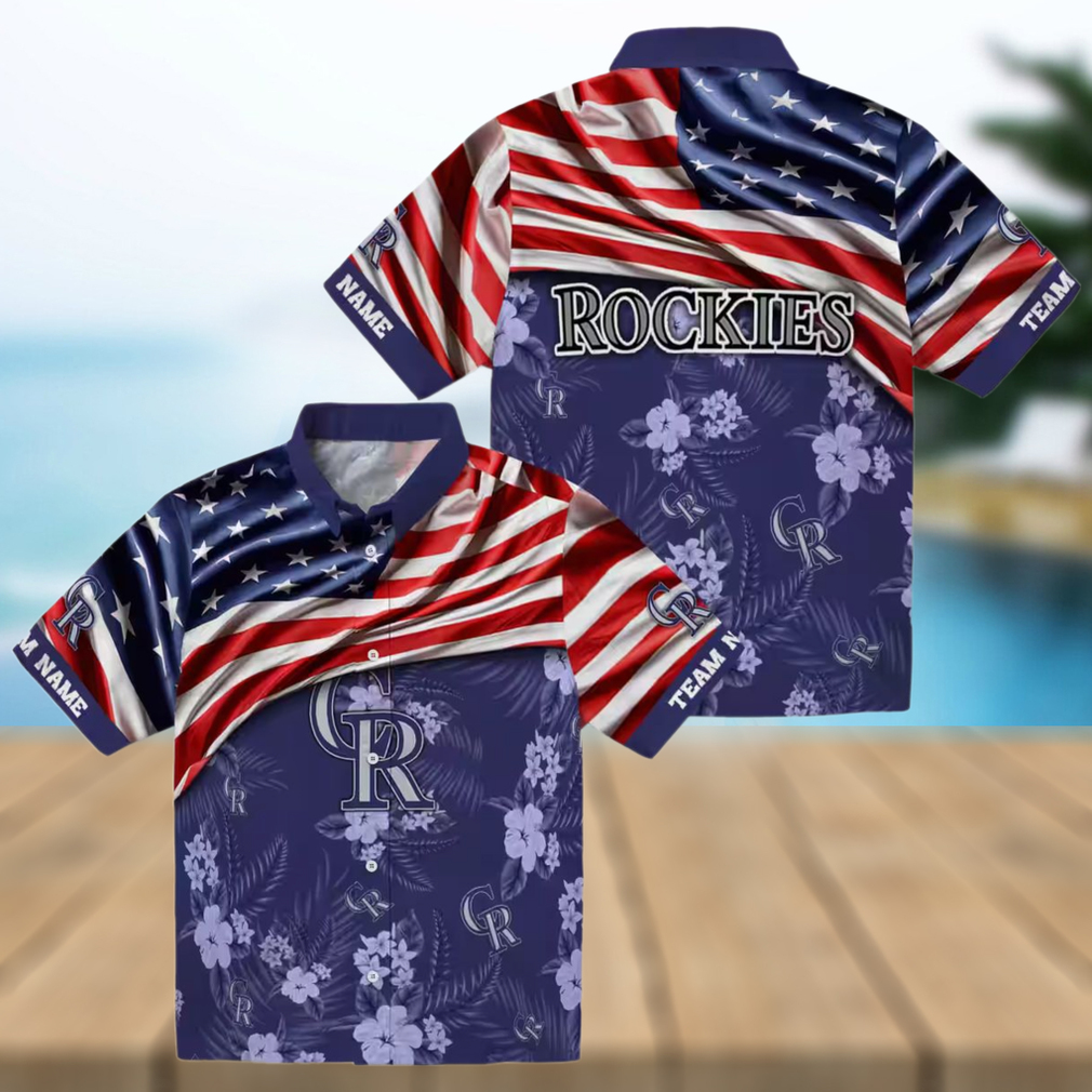 Custom Colorado Rockies US Flag Hawaiian Shirt Hibiscus Blue Beach Shirt for MLB Fans Custom Colorado Rockies US Flag Hawaiian Shirt Hibiscus Blue Beach Shirt for MLB Fans