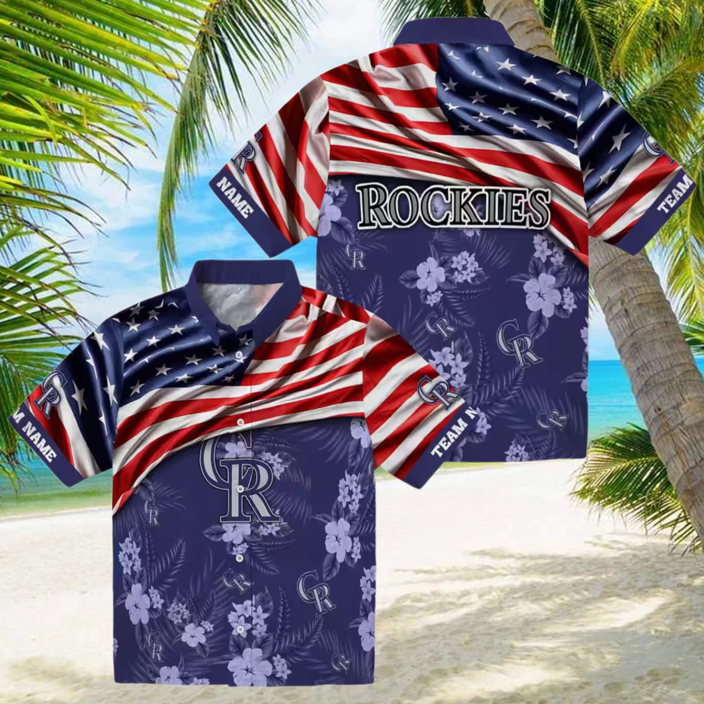 Custom Colorado Rockies US Flag Hawaiian Shirt Hibiscus Blue Beach Shirt for MLB Fans Custom Colorado Rockies US Flag Hawaiian Shirt Hibiscus Blue Beach Shirt for MLB Fans