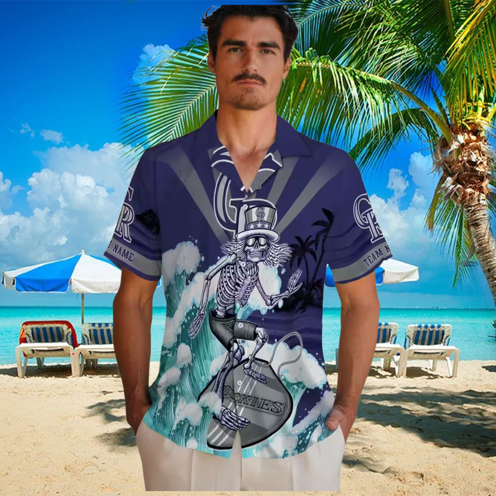 Custom MLB Colorado Rockies Surfing Skeleton Hawaiian Shirt Blue Aloha Shirt for Summer Beach & Baseball Fans Custom MLB Colorado Rockies Surfing Skeleton Hawaiian Shirt Blue Aloha Shirt for Summer Beach & Baseball Fans