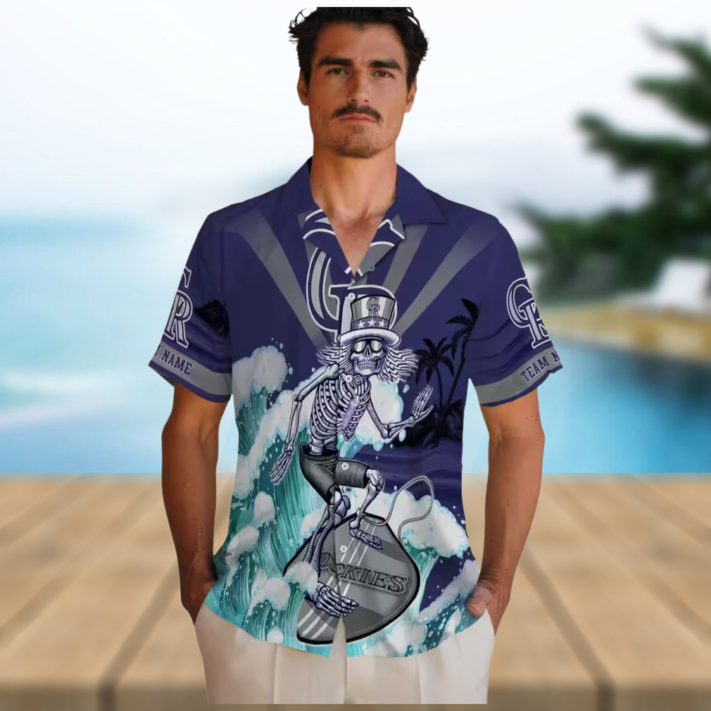 Custom MLB Colorado Rockies Surfing Skeleton Hawaiian Shirt Blue Aloha Shirt for Summer Beach & Baseball Fans Custom MLB Colorado Rockies Surfing Skeleton Hawaiian Shirt Blue Aloha Shirt for Summer Beach & Baseball Fans