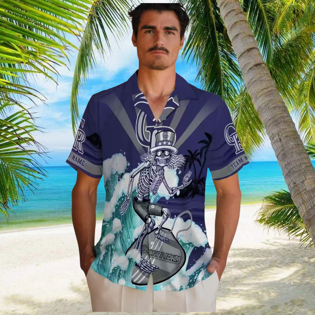 Custom MLB Colorado Rockies Surfing Skeleton Hawaiian Shirt Blue Aloha Shirt for Summer Beach & Baseball Fans Custom MLB Colorado Rockies Surfing Skeleton Hawaiian Shirt Blue Aloha Shirt for Summer Beach & Baseball Fans