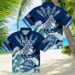 Personalized Tampa Bay Rays Hawaiian Shirt in Navy Blue with Surfing Skeleton Design
