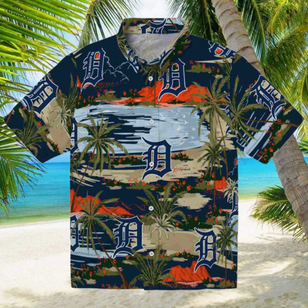 Detroit Tigers Palm Horizon Navy Hawaiian Shirt