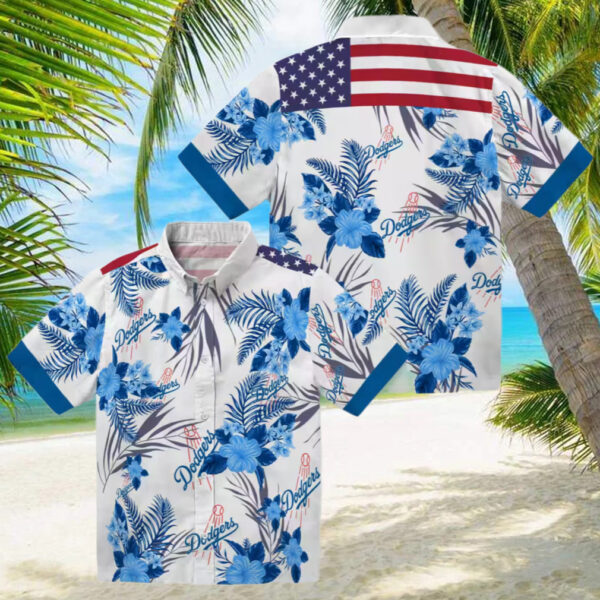 Dodgers MLB Blue White Hawaiian Shirt   Floral Hibiscus Patriotic Game Day Wear