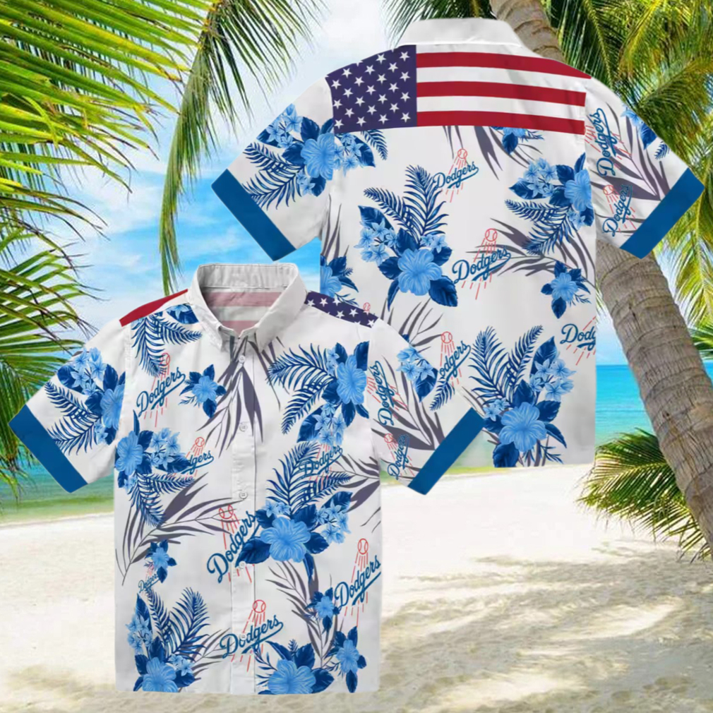 Dodgers MLB Blue White Hawaiian Shirt Floral Hibiscus Patriotic Game Day Wear Dodgers MLB Blue White Hawaiian Shirt Floral Hibiscus Patriotic Game Day Wear