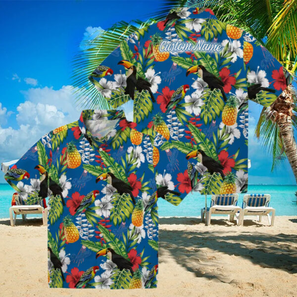 Dodgers Toucan Floral Hawaiian Shirt   Blue Green Aloha Summer Baseball Tee