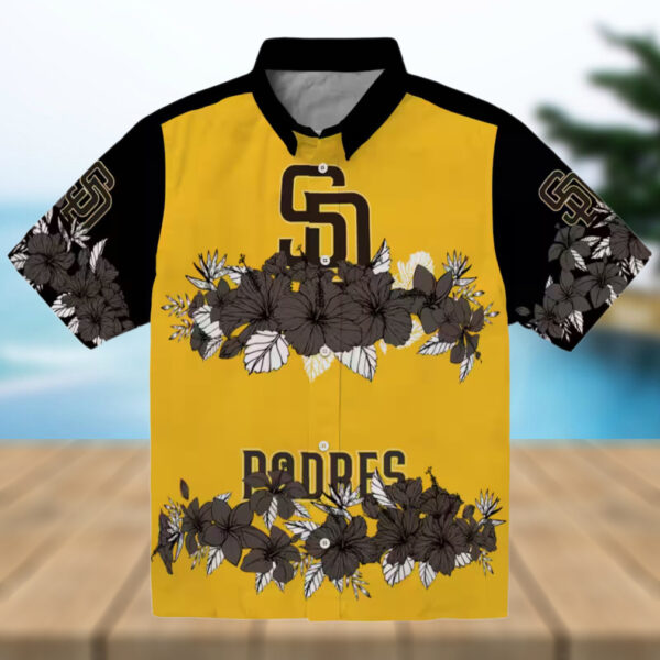 Exclusive San Diego Padres Tropical Hibiscus Stripe Hawaiian Shirt   Brown & Black Fan Apparel