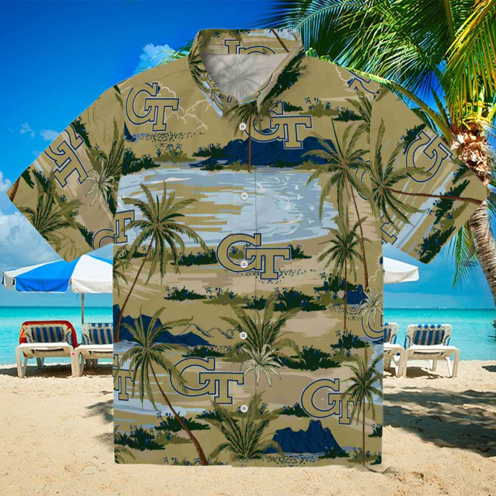 Georgia Tech Yellow Jackets Palm Horizon Gold Hawaiian Shirt Georgia Tech Yellow Jackets Palm Horizon Gold Hawaiian Shirt