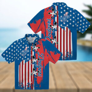 Los Angeles Dodgers Hawaiian Short Sleeve Shirt Blue Flag Print for Baseball Fans