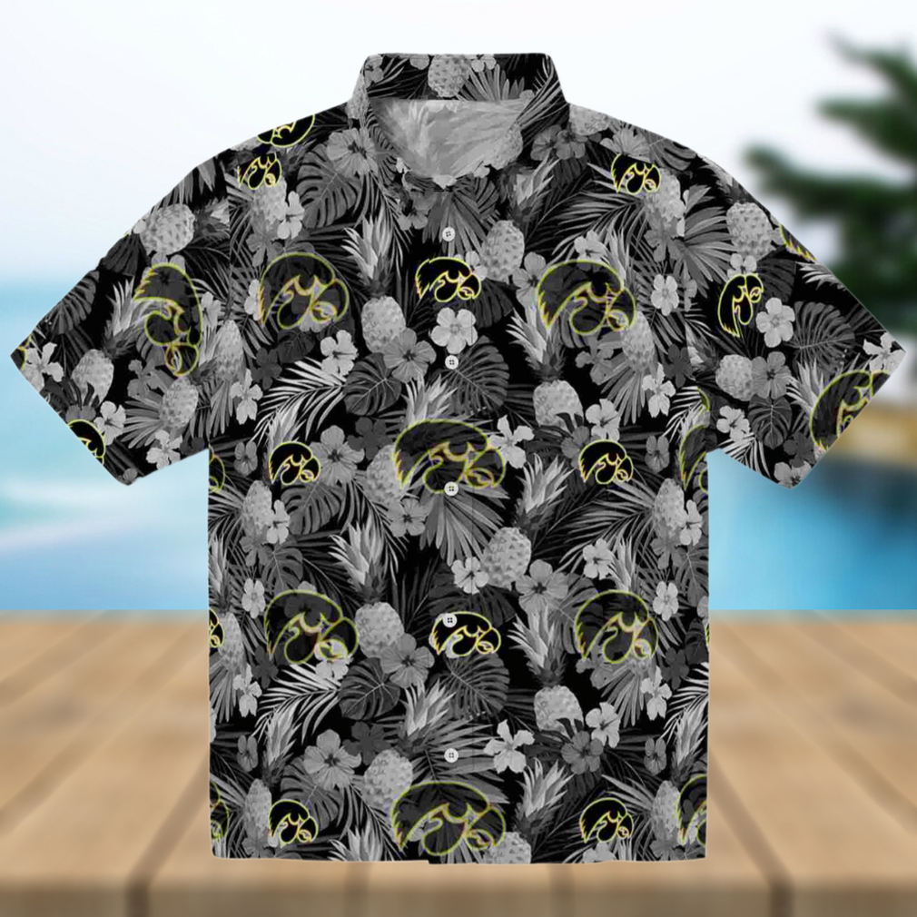 Iowa Hawkeyes Floral Pineapple Black Hawaiian Shirt Iowa Hawkeyes Floral Pineapple Black Hawaiian Shirt