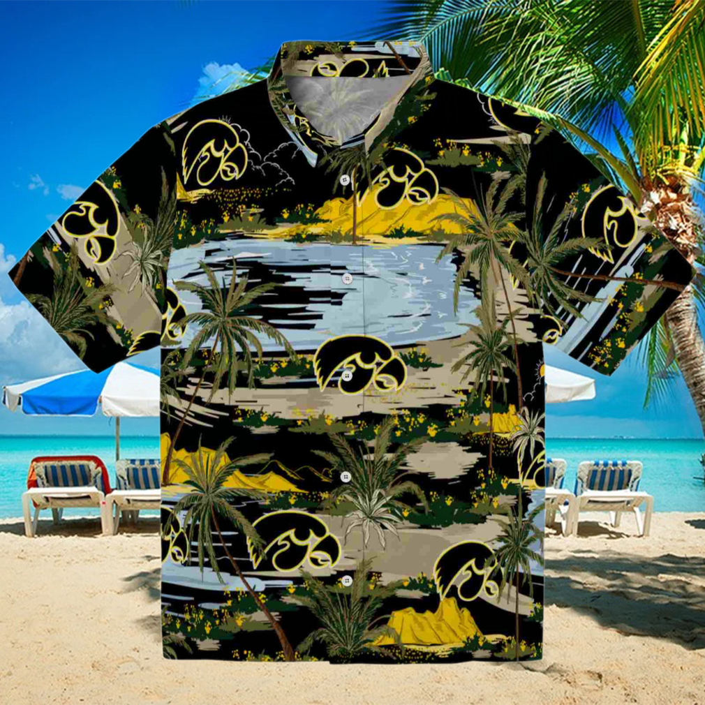 Iowa Hawkeyes Palm Horizon Black Hawaiian Shirt Iowa Hawkeyes Palm Horizon Black Hawaiian Shirt