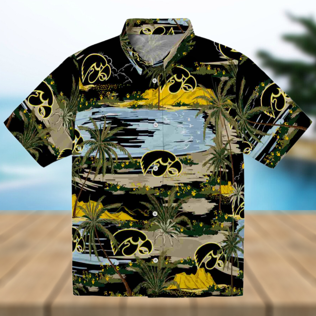 Iowa Hawkeyes Palm Horizon Black Hawaiian Shirt Iowa Hawkeyes Palm Horizon Black Hawaiian Shirt