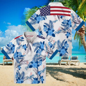 Dodgers MLB Blue White Hawaiian Shirt Floral Hibiscus Patriotic Game Day Wear