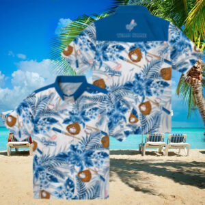 Los Angeles Dodgers Button Up Hawaiian Shirt Hibiscus Blue White Aloha Style