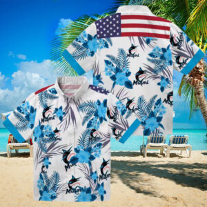 Patriotic Miami Marlins Hawaiian Shirt Blue & White Hibiscus Floral Print for Summer
