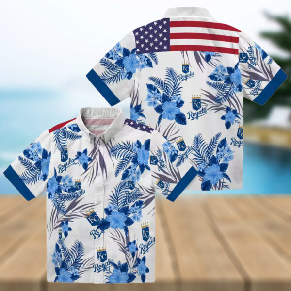 Kansas City Royals Hawaiian Short Sleeve Shirt   Patriotic Hibiscus Aloha Summer Blue White