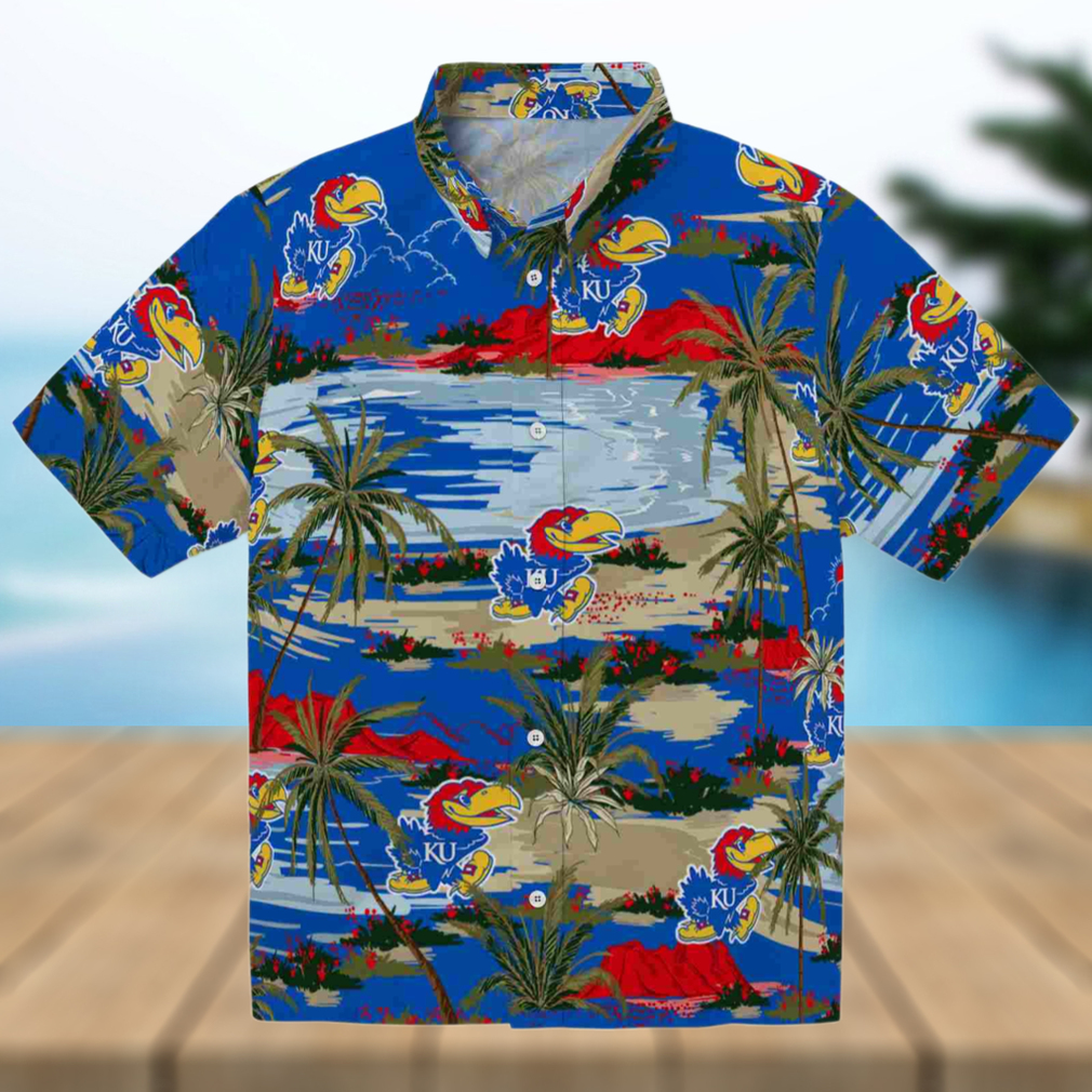 Kansas Jayhawks Palm Horizon Blue Hawaiian Shirt Kansas Jayhawks Palm Horizon Blue Hawaiian Shirt