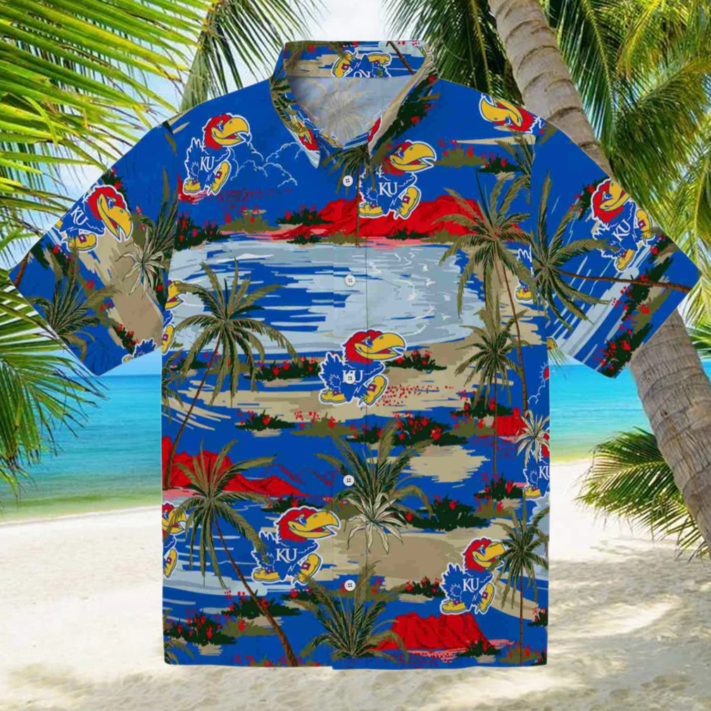 Kansas Jayhawks Palm Horizon Blue Hawaiian Shirt Kansas Jayhawks Palm Horizon Blue Hawaiian Shirt