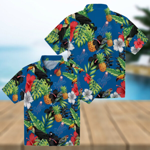 Limited Edition MLB Dodgers Hawaiian Shirt for Men   Blue Green Hibiscus Toucan Summer Outfit