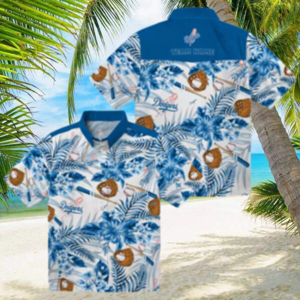 Los Angeles Dodgers Button Up Hawaiian Shirt   Hibiscus Blue White Aloha Style