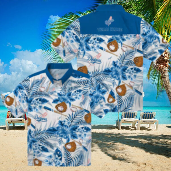 Los Angeles Dodgers Button Up Hawaiian Shirt   Hibiscus Blue White Aloha Style