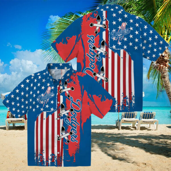 Los Angeles Dodgers Hawaiian Short Sleeve Shirt   Blue Flag Print for Baseball Fans