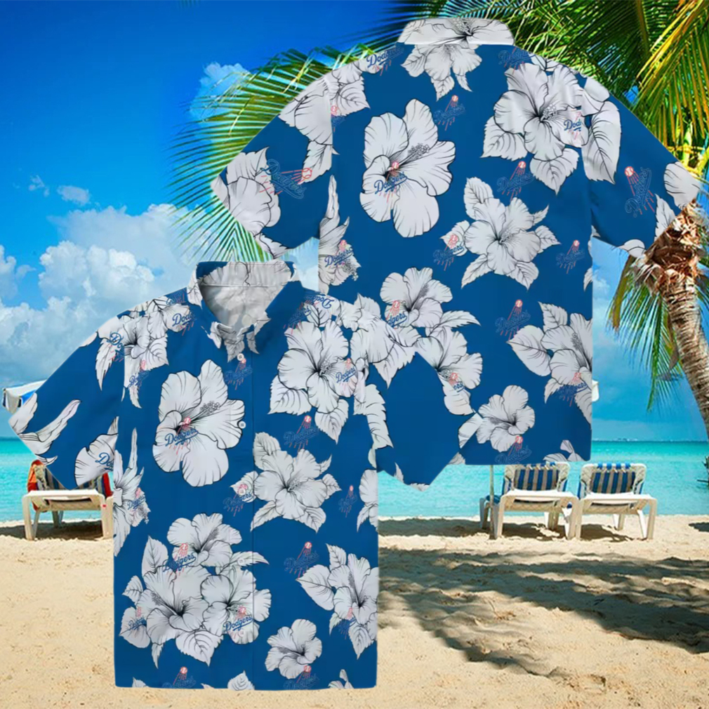 MLB Dodgers Hibiscus Hawaiian Shirt Blue Tropical Button Up for Men MLB Dodgers Hibiscus Hawaiian Shirt Blue Tropical Button Up for Men