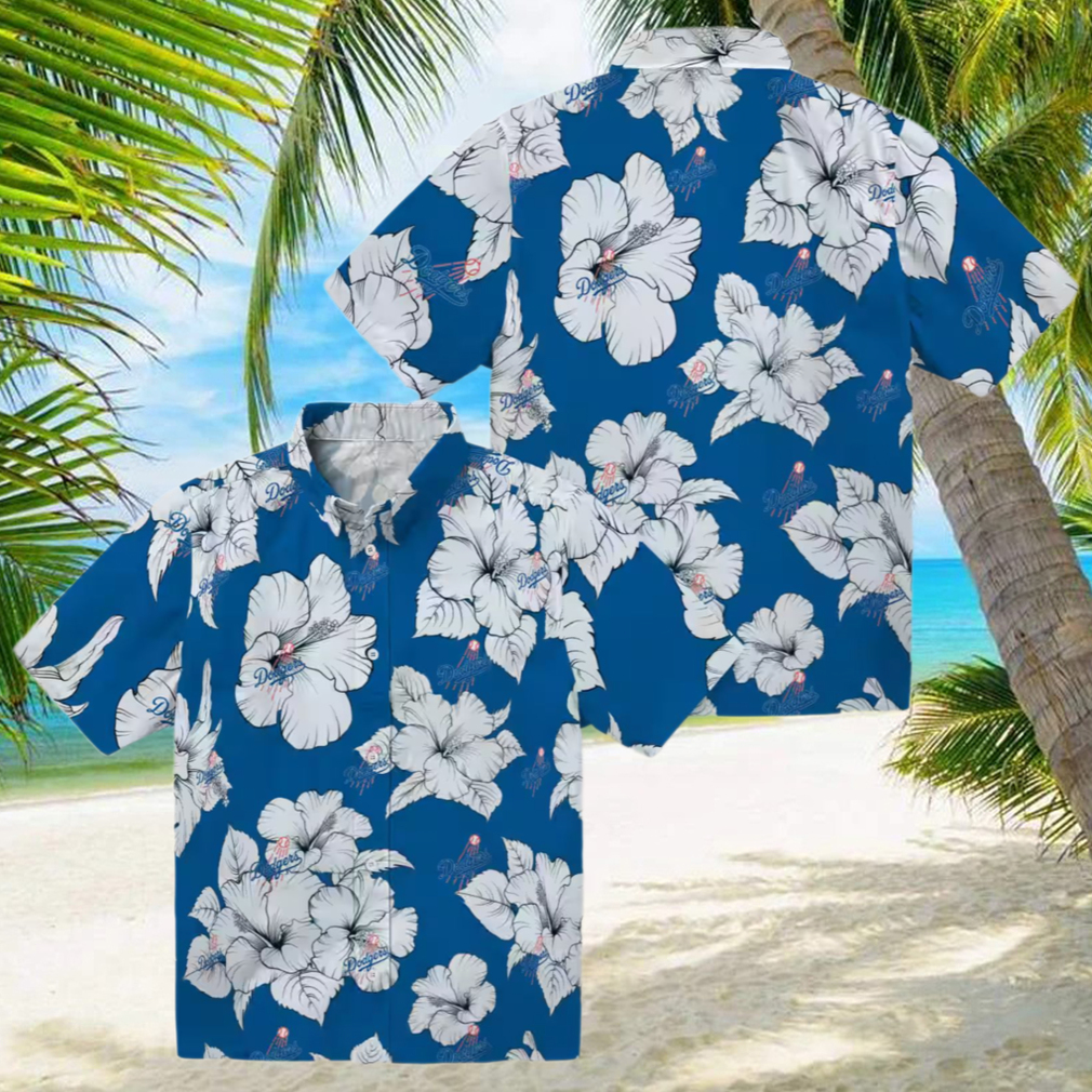 MLB Dodgers Hibiscus Hawaiian Shirt Blue Tropical Button Up for Men MLB Dodgers Hibiscus Hawaiian Shirt Blue Tropical Button Up for Men