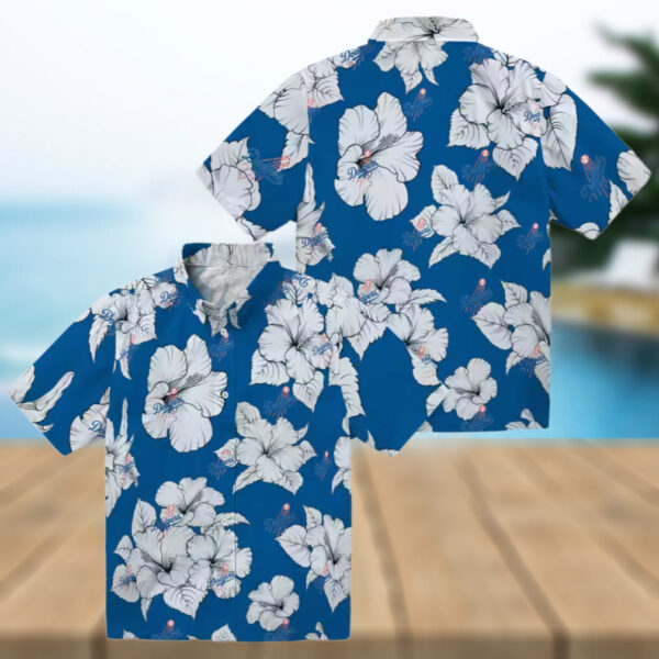 MLB Dodgers Hibiscus Hawaiian Shirt   Blue Tropical Button Up for Men
