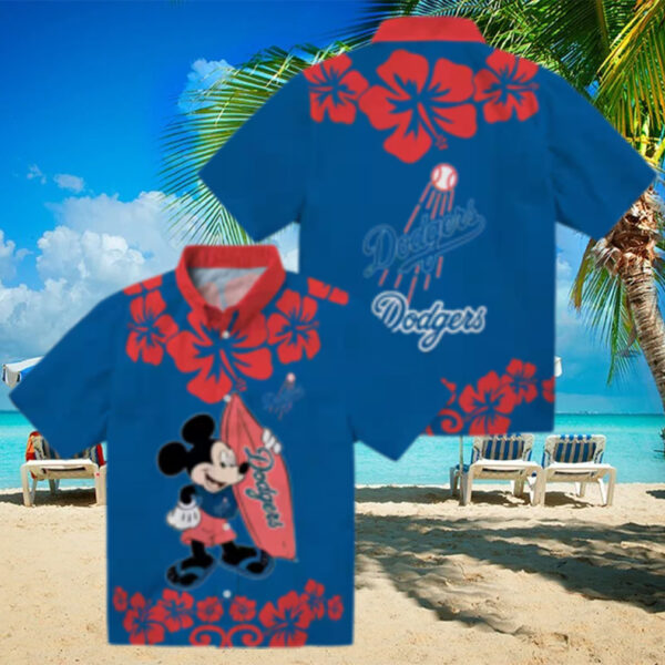 MLB Dodgers Tropical Aloha Short Sleeve Shirt   Mickey Mouse Beach Print for Men & Women