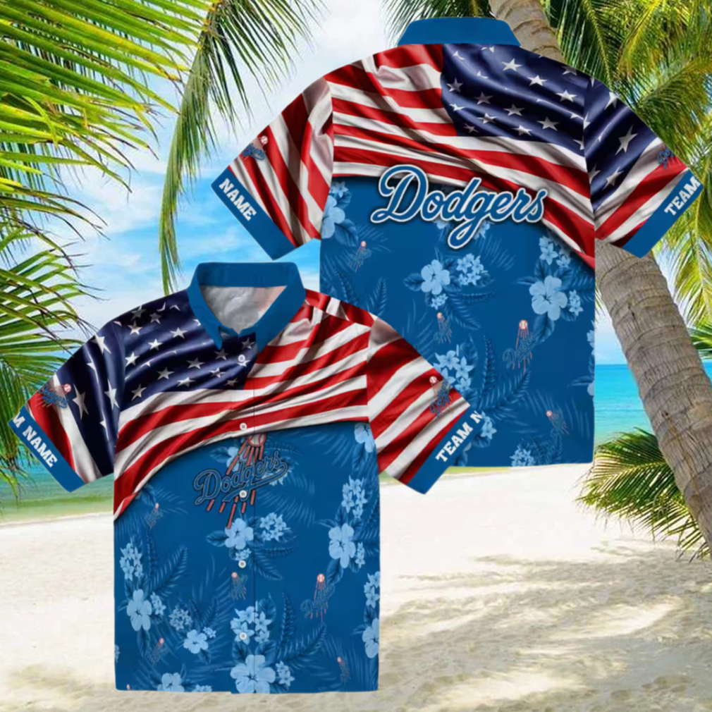MLB Los Angeles Dodgers Hawaiian Shirt US Flag Hibiscus Design for Fans MLB Los Angeles Dodgers Hawaiian Shirt US Flag Hibiscus Design for Fans