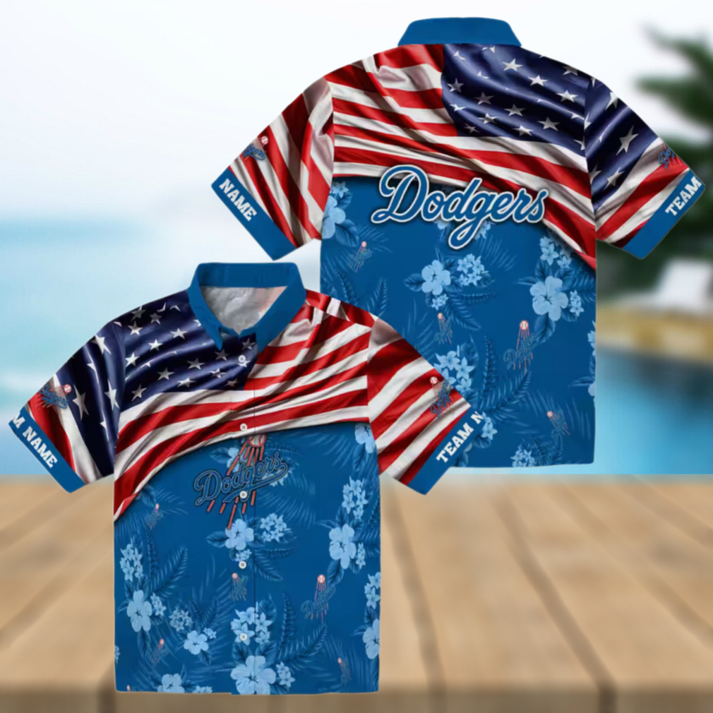 MLB Los Angeles Dodgers Hawaiian Shirt US Flag Hibiscus Design for Fans MLB Los Angeles Dodgers Hawaiian Shirt US Flag Hibiscus Design for Fans