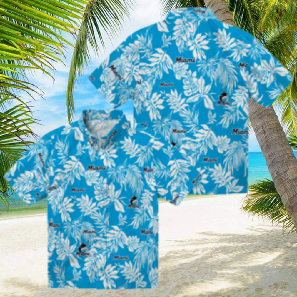 MLB Miami Marlins Leaf Print Aloha Shirt Blue White Vacation Style MLB Miami Marlins Leaf Print Aloha Shirt Blue White Vacation Style