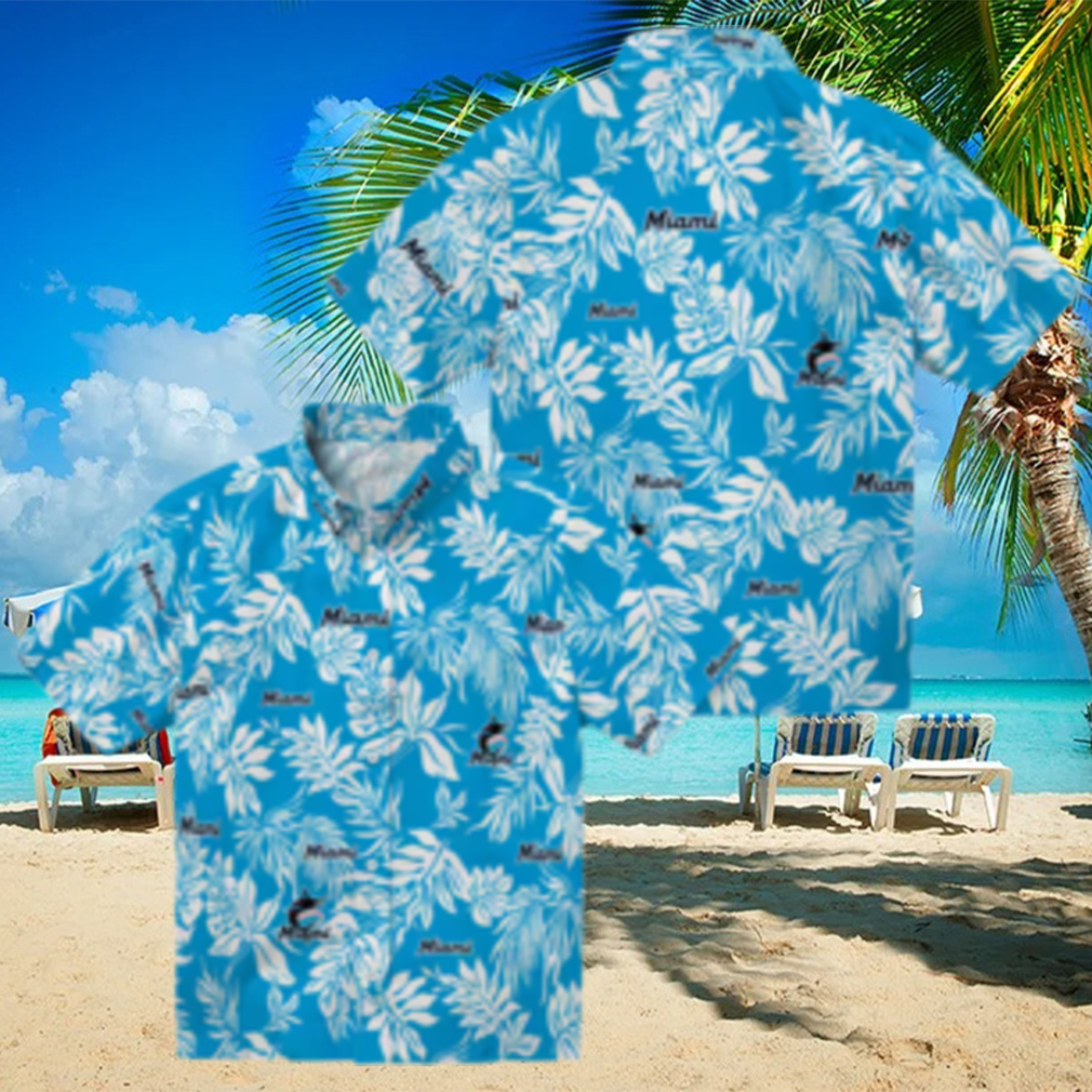 MLB Miami Marlins Leaf Print Aloha Shirt Blue White Vacation Style MLB Miami Marlins Leaf Print Aloha Shirt Blue White Vacation Style